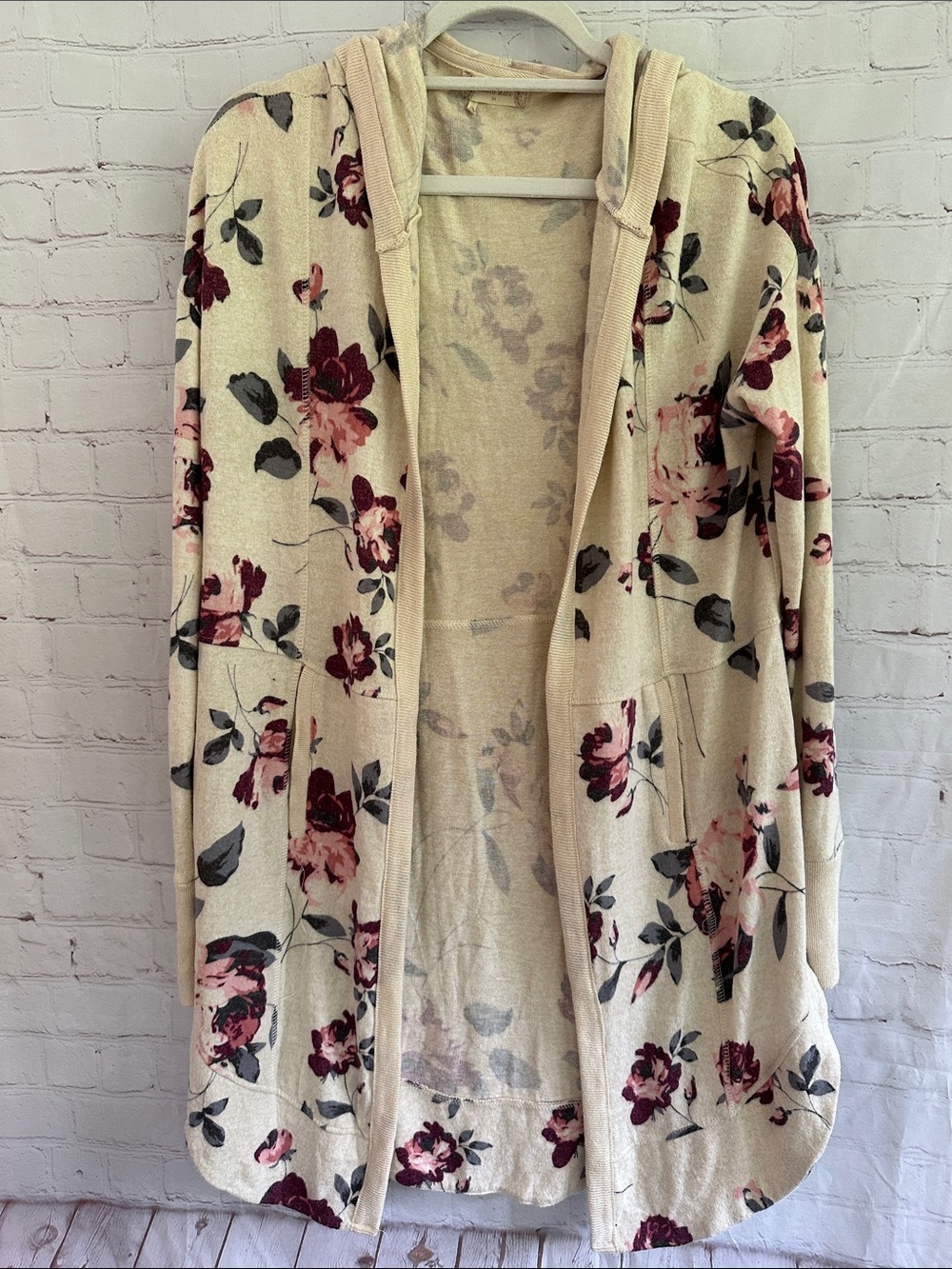 Altar'd State Cream Hooded Open Cardigan with Pink and Burgundy Floral
